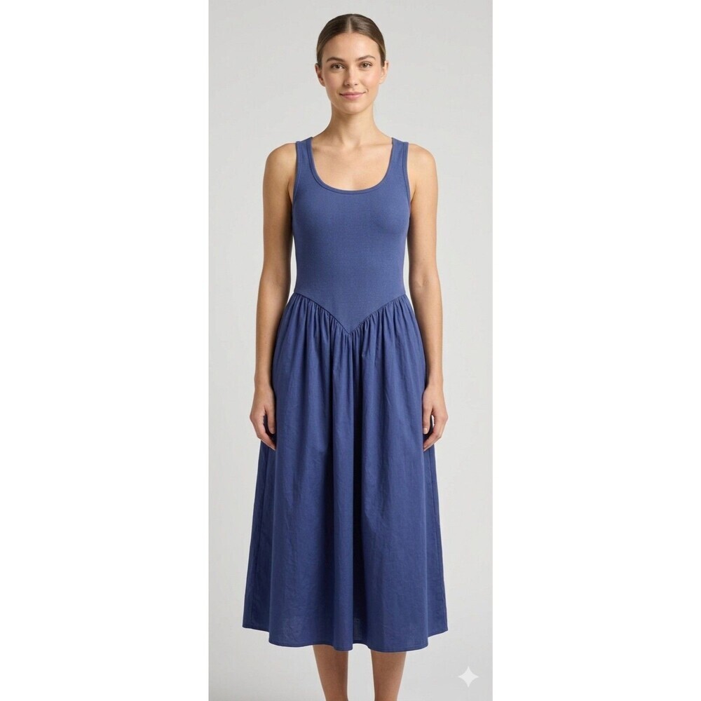 Oak & Trellis Midi Dress NWT Size L Blue Ribbed Bodice Cotton Poplin Skirt Dress - Picture 3 of 9